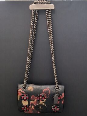 Coach , Black/Red Floral Jeweled Embossed Mini Chain Crossbody Bag.